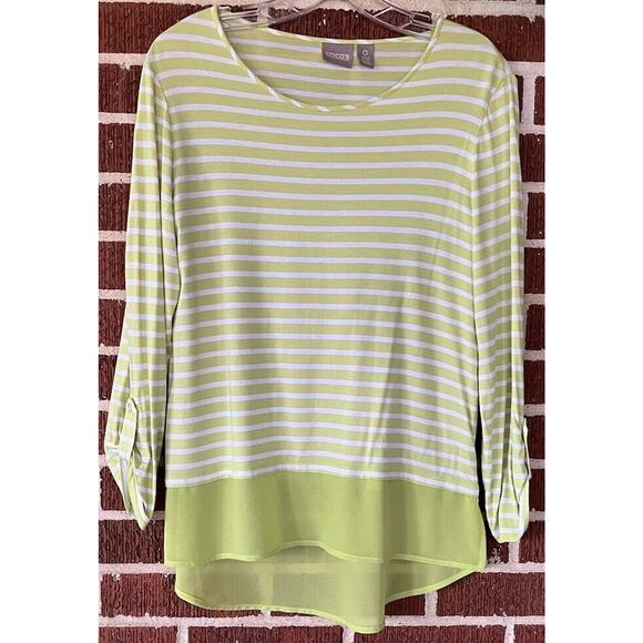 Chico’s Lime Green and White Striped Knit Blouse with Chiffon Trim Size 0 (S/4) - Picture 1 of 2